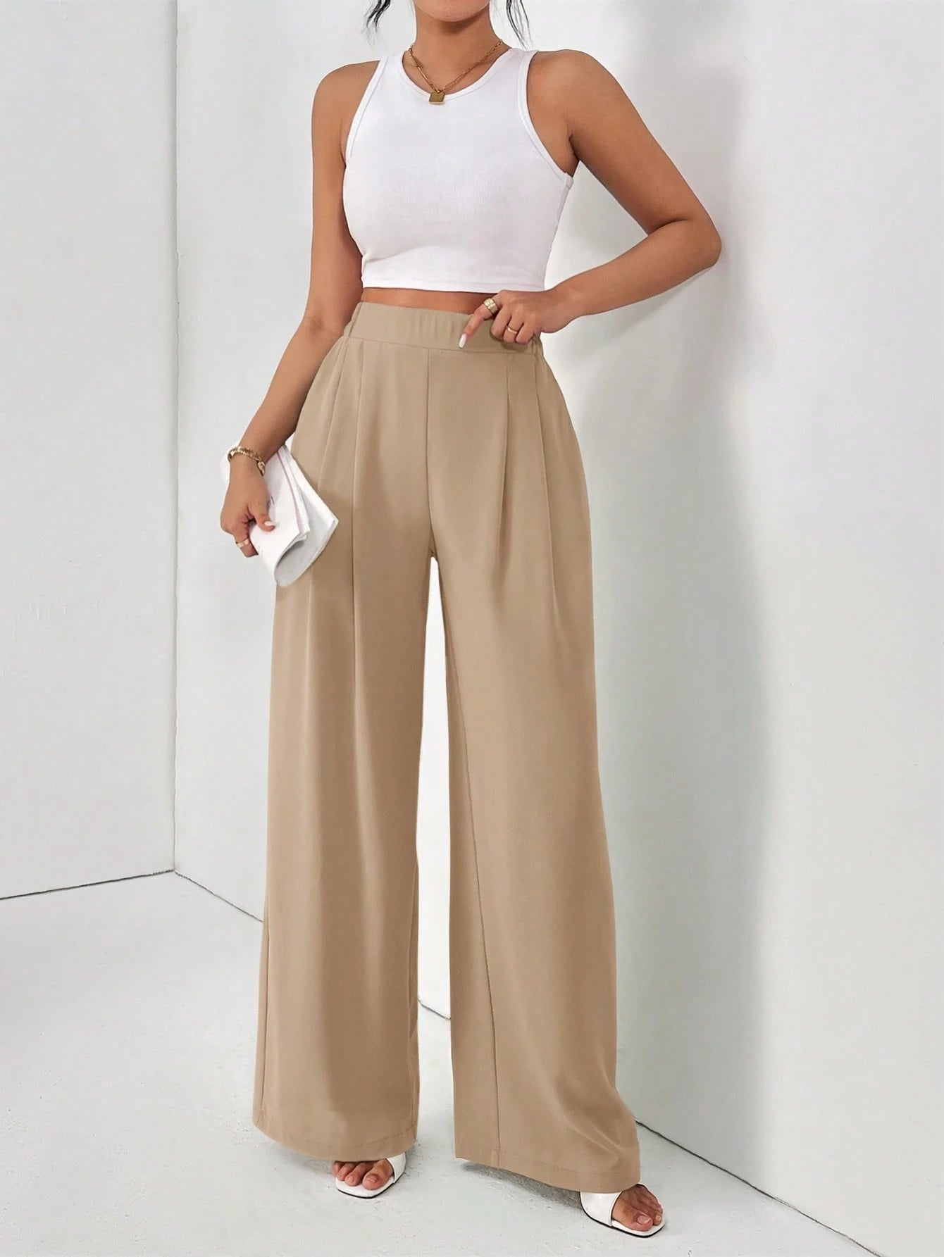Dayvera Women Dress Pants Uniform Pants Teacher Pants Ladies' Commuting Black Striped Elastic Waist Wide Leg Trousers With Double Pockets