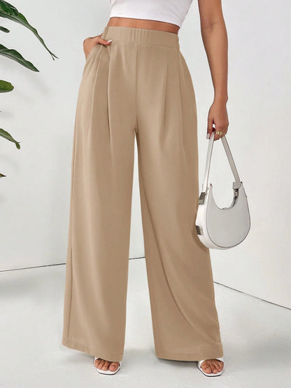 Dayvera Women Dress Pants Uniform Pants Teacher Pants Ladies' Commuting Black Striped Elastic Waist Wide Leg Trousers With Double Pockets