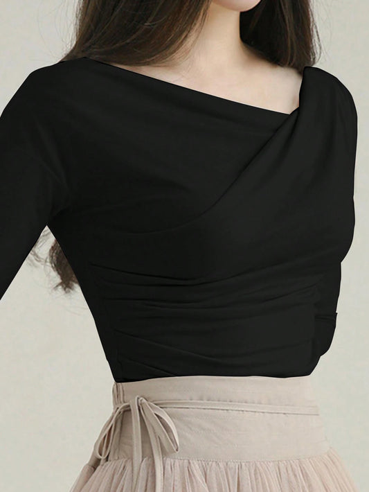 DAZY 1pc Women Plain Long Sleeve Simple Casual Top, Everyday Wear