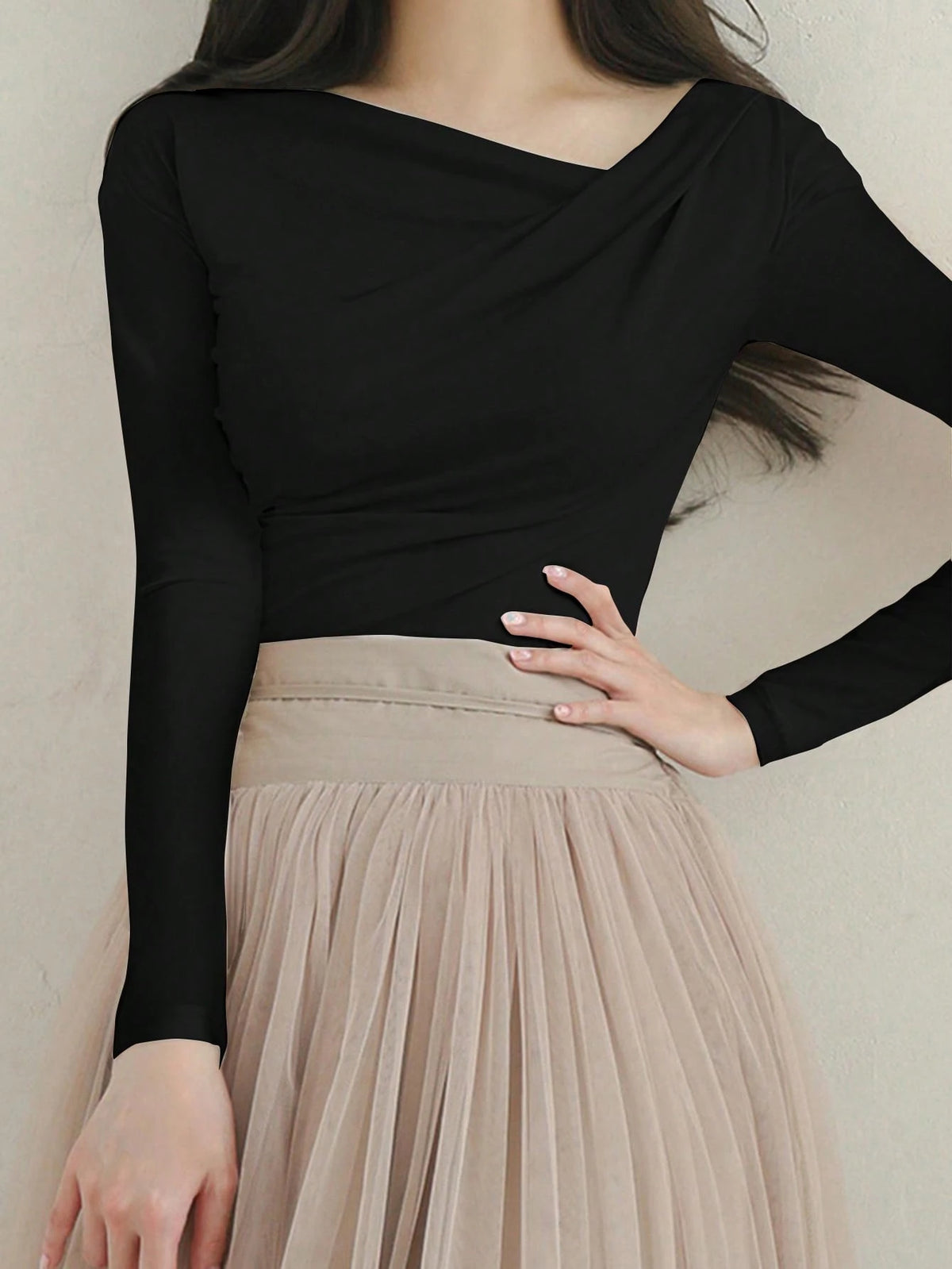 DAZY 1pc Women Plain Long Sleeve Simple Casual Top, Everyday Wear