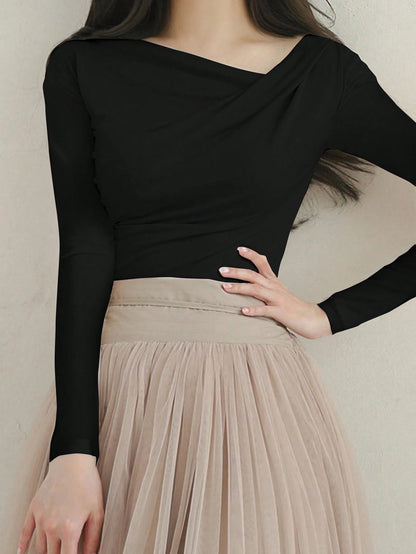 DAZY 1pc Women Plain Long Sleeve Simple Casual Top, Everyday Wear