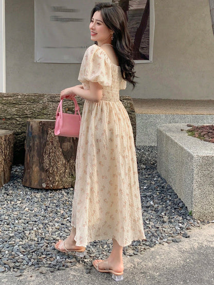 DAZY Allover Print Puff Sleeve Dress Floral Sundress Vacation Outfits Women Dress Boho