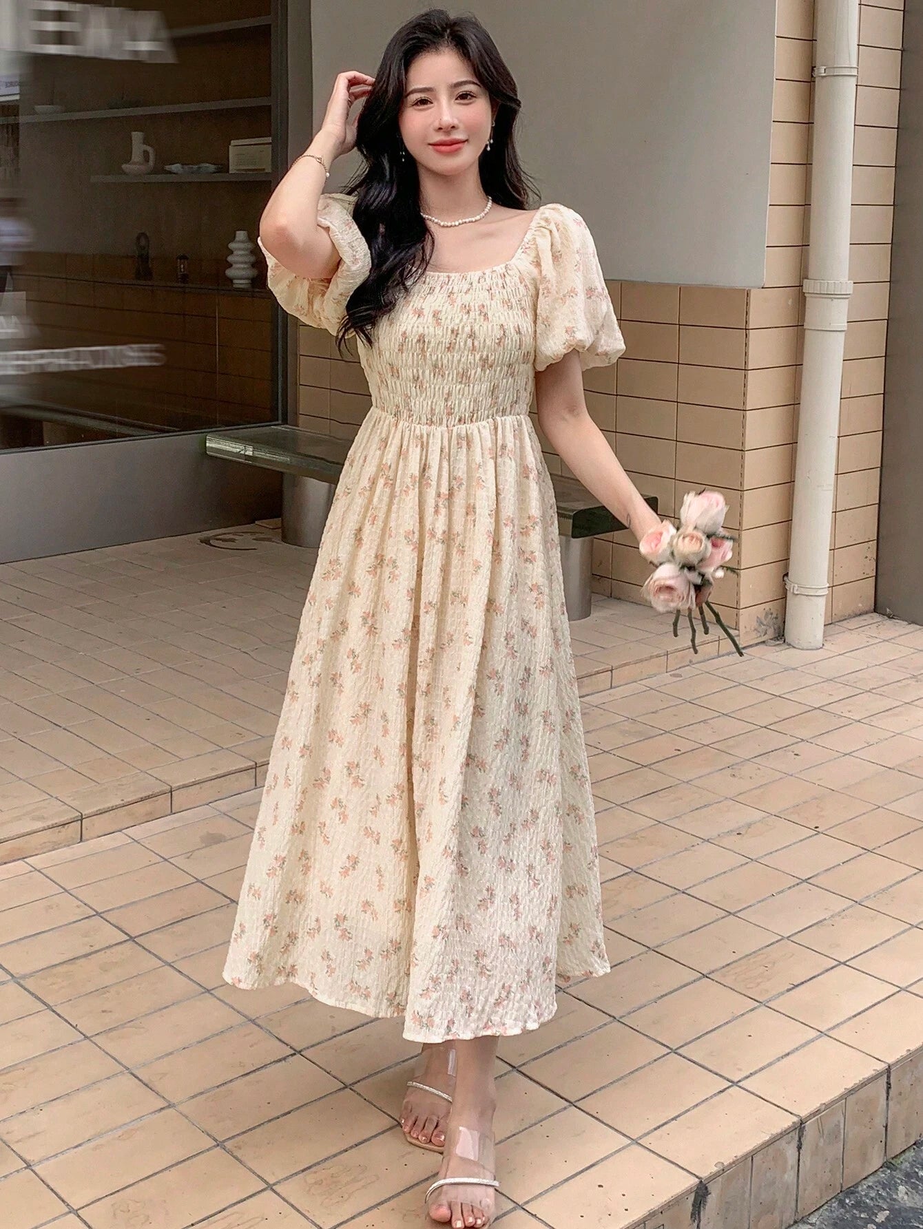 DAZY Allover Print Puff Sleeve Dress Floral Sundress Vacation Outfits Women Dress Boho