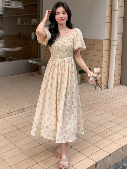 DAZY Allover Print Puff Sleeve Dress Floral Sundress Vacation Outfits Women Dress Boho