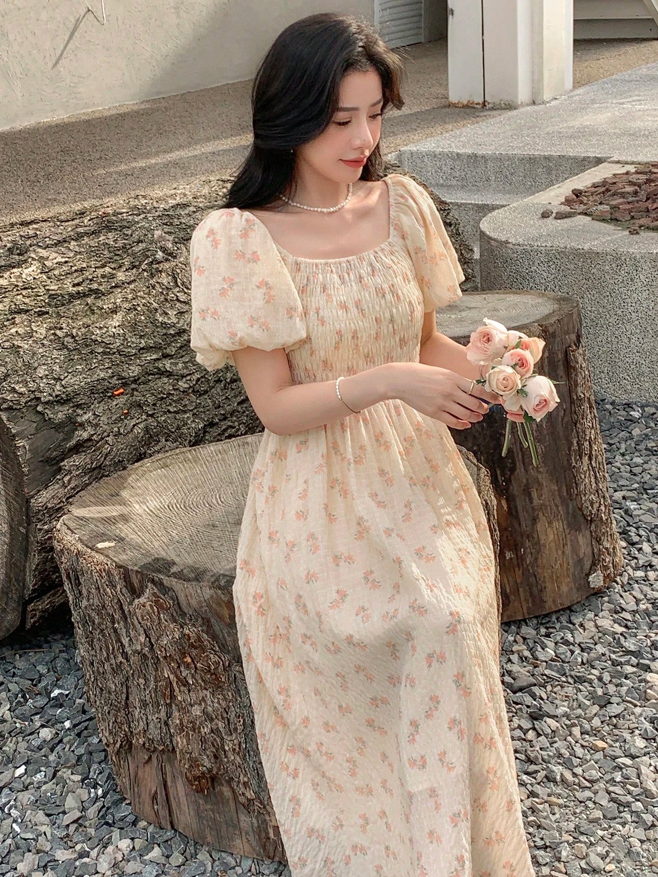 DAZY Allover Print Puff Sleeve Dress Floral Sundress Vacation Outfits Women Dress Boho