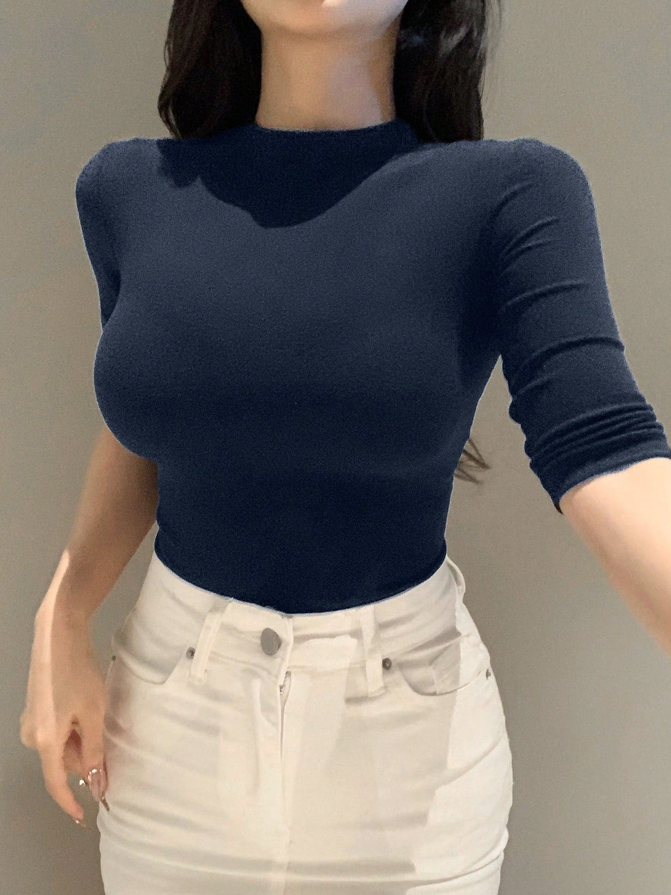 DAZY Autumn New Slim Fit Women Ribbed Knit Round Neck Short Sleeve T-Shirt