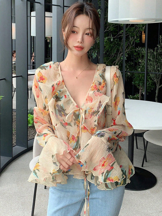 DAZY Floral Print Ruffle Trim Flare Sleeve Blouse Fall Long Sleeve Vacation Outfits Women Boho