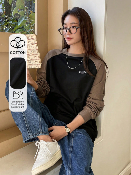 DAZY Letter Patched Colorblock Raglan Sleeve Tee Jersey,Fall Clothes Preppy Tops Long Sleeve Women Tops