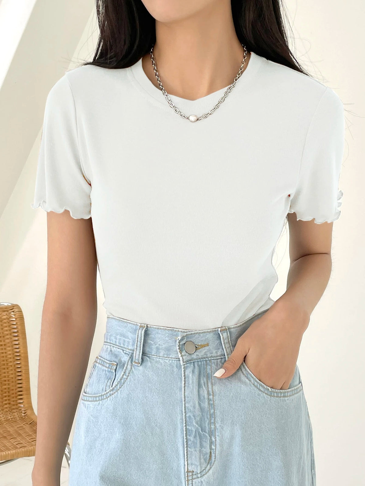 DAZY Lettuce Trim Ribbed Knit Tee Summer Preppy Tops