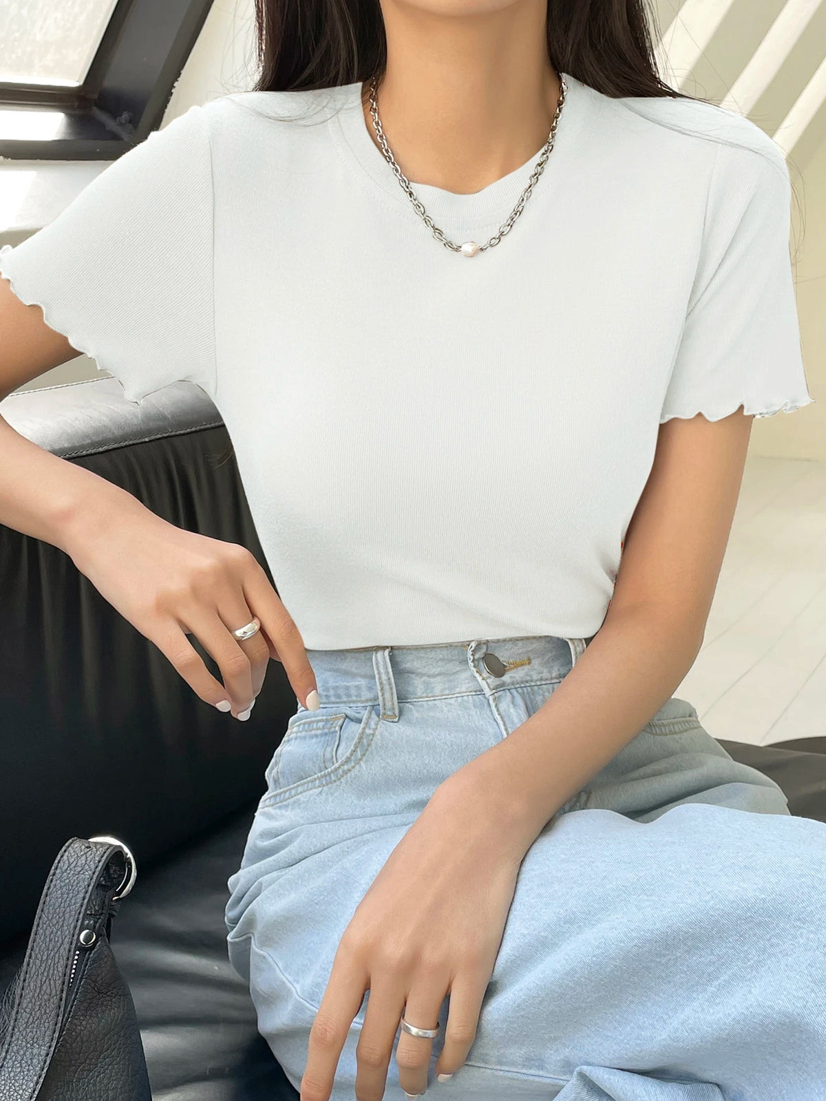 DAZY Lettuce Trim Ribbed Knit Tee Summer Preppy Tops