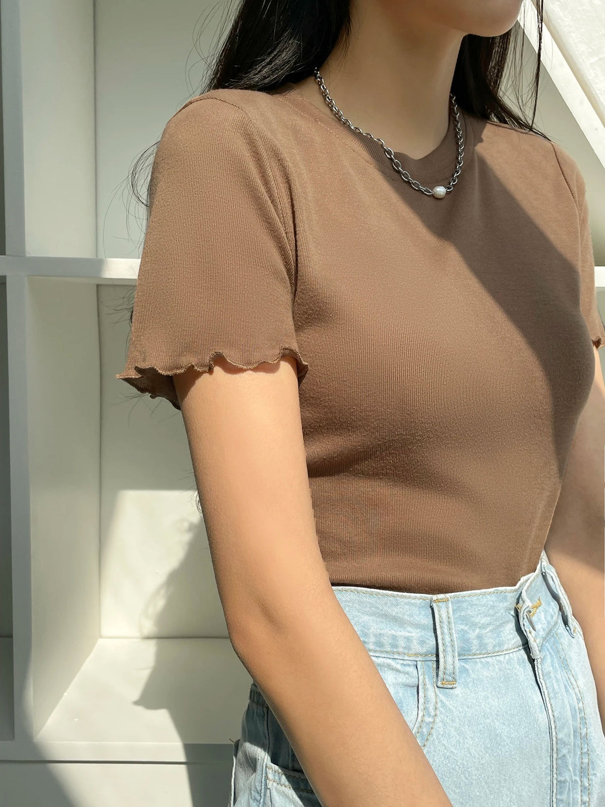 DAZY Lettuce Trim Ribbed Knit Tee Summer Preppy Tops