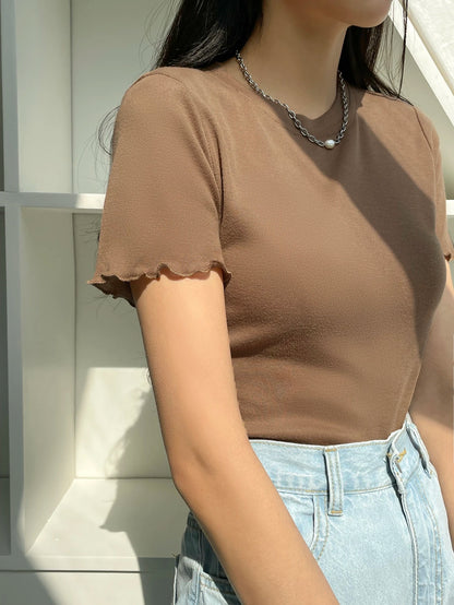 DAZY Lettuce Trim Ribbed Knit Tee Summer Preppy Tops