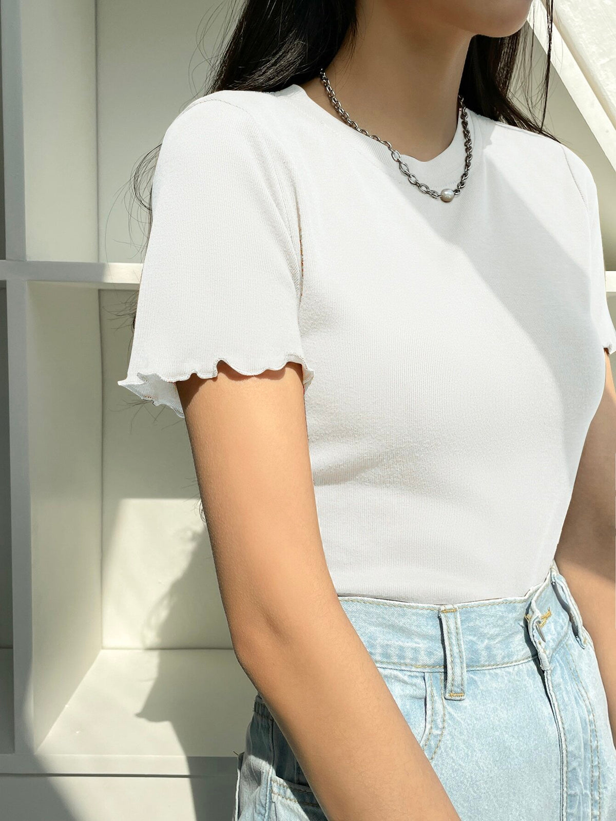DAZY Lettuce Trim Ribbed Knit Tee Summer Preppy Tops
