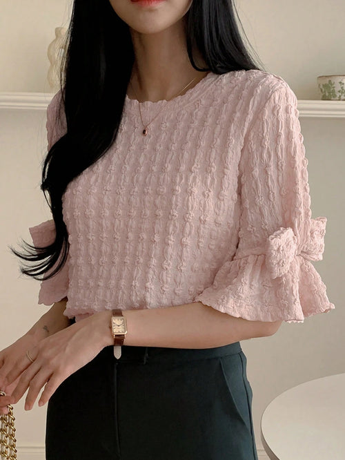 DAZY New Spring Women Puff Sleeve Bow Decor Special Fabric T-Shirt, Valentine's Day