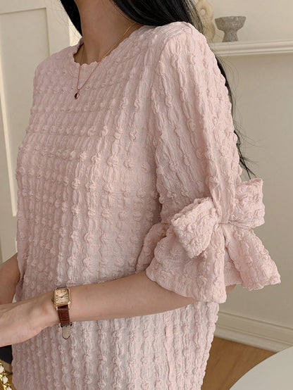DAZY New Spring Women Puff Sleeve Bow Decor Special Fabric T-Shirt, Valentine's Day