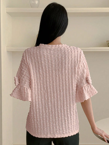 DAZY New Spring Women Puff Sleeve Bow Decor Special Fabric T-Shirt, Valentine's Day