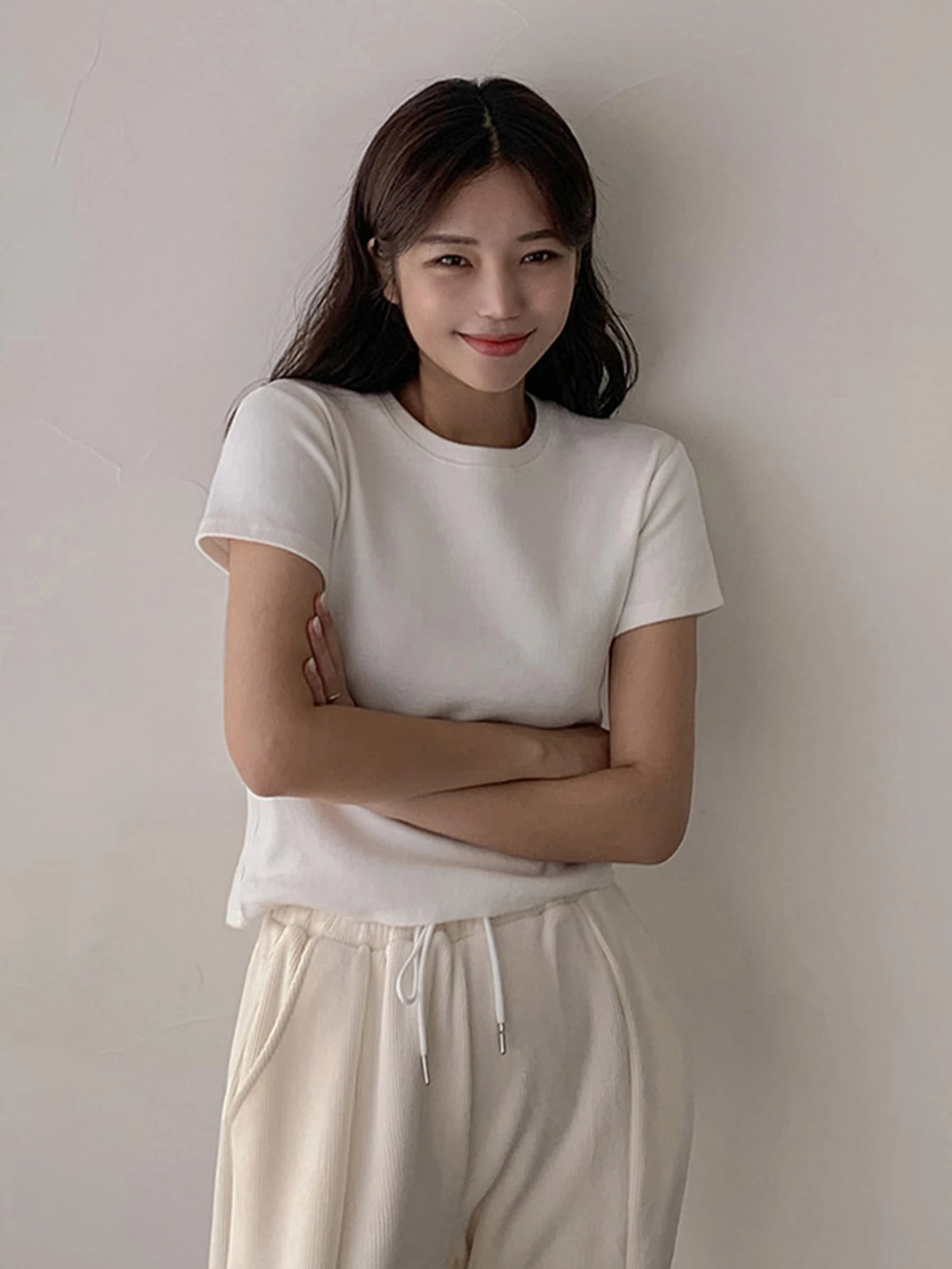DAZY Solid Round Neck Tee Summer,Business Casual Women