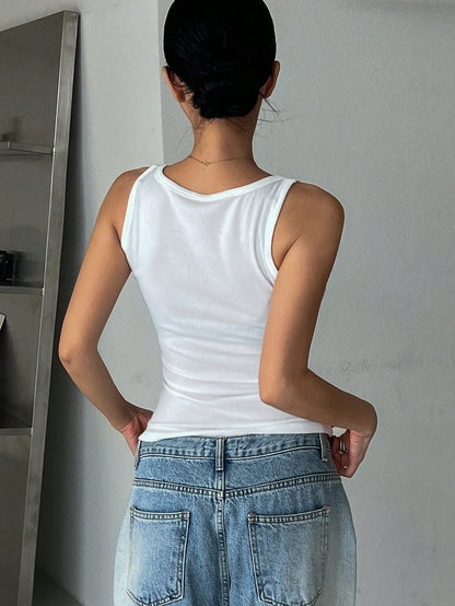 DAZY Spring/Summer Casual Vacation Beach White Basic Crew Neck Cotton-Feel Women's Tank Top