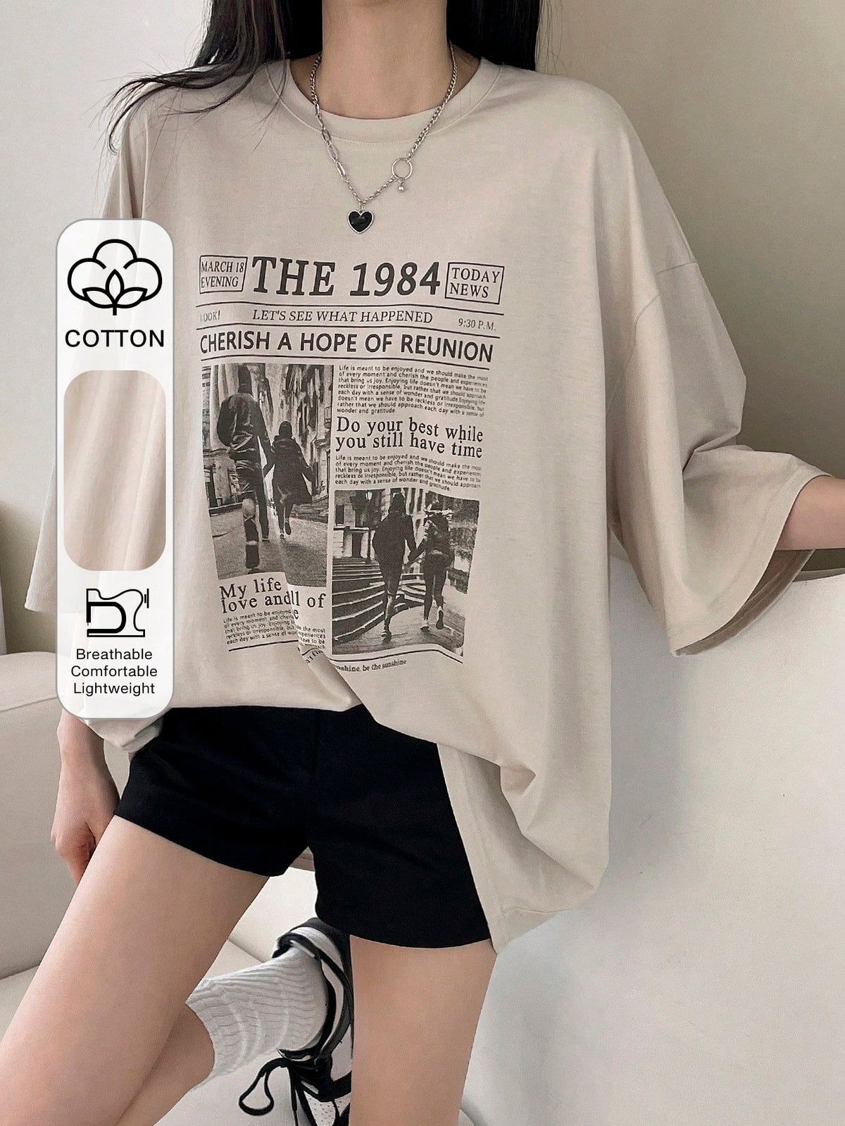 DAZY Women Casual Loose Newspaper Print Drop Shoulder T-Shirt Graphic Tee Oversized T-Shirt