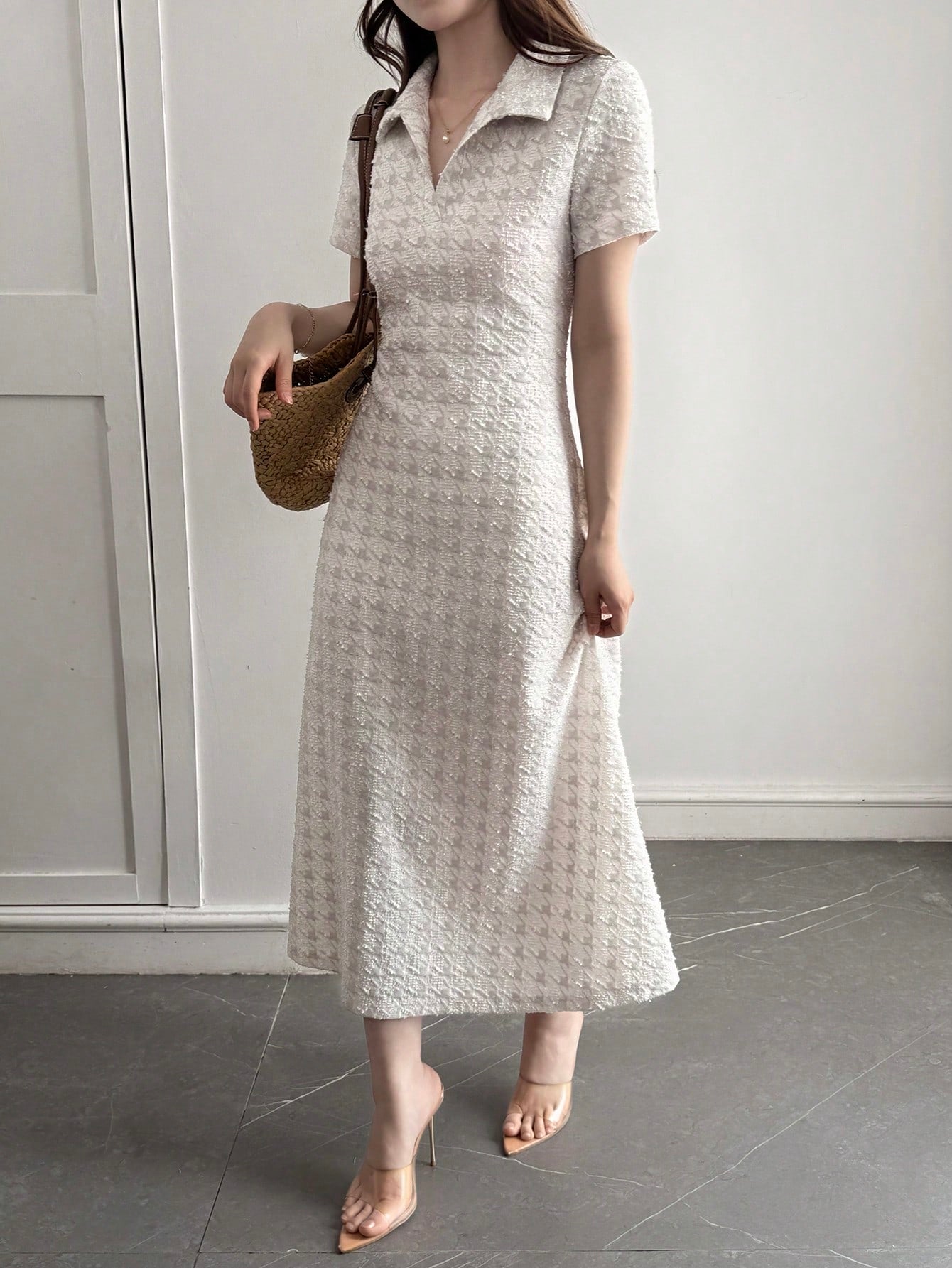 DAZY Women's Casual Houndstooth V-Neck Short Sleeve Dress, Suitable For Summer Vacation, Daily Commute Sundress