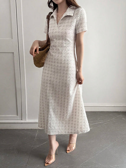 DAZY Women's Casual Houndstooth V-Neck Short Sleeve Dress, Suitable For Summer Vacation, Daily Commute Sundress