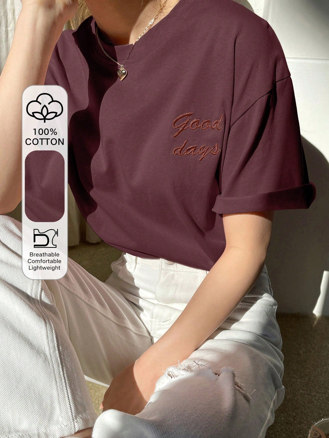 DAZY Women's Casual Loose Plain Letter Embroidered Short Sleeve T-Shirt, Summer Oversized T-Shirt