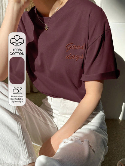 DAZY Women's Casual Loose Plain Letter Embroidered Short Sleeve T-Shirt, Summer Oversized T-Shirt