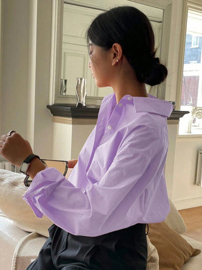 DAZY Women's Casual Plain Wide Shoulder Cotton Shirt, Versatile, Spring/Autumn Office Shirts Long Sleeve Top