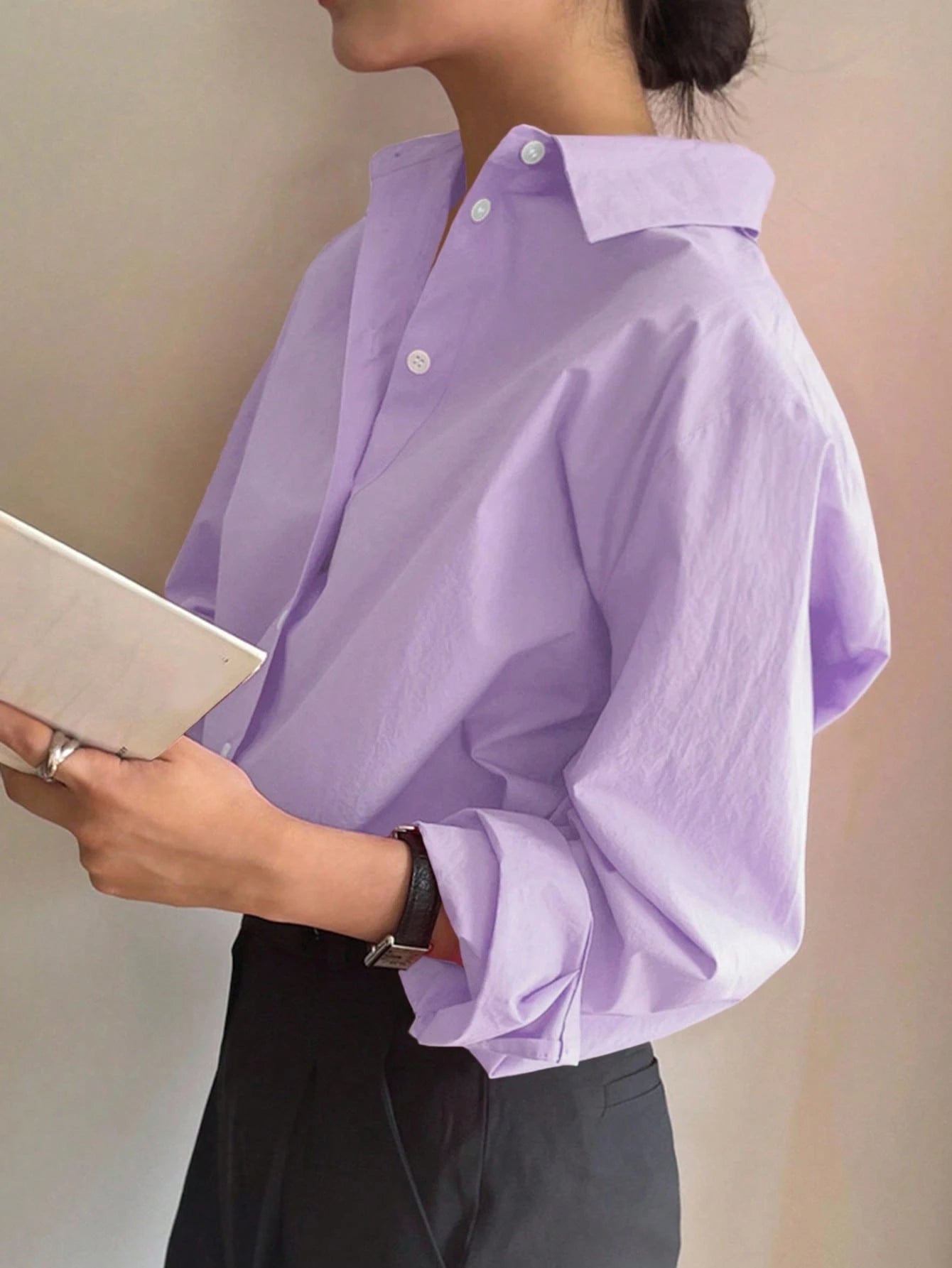 DAZY Women's Casual Plain Wide Shoulder Cotton Shirt, Versatile, Spring/Autumn Office Shirts Long Sleeve Top
