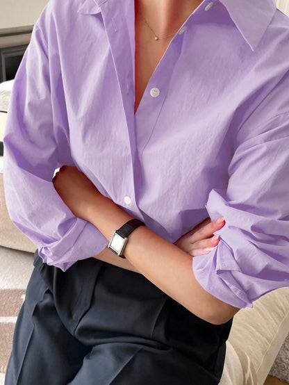 DAZY Women's Casual Plain Wide Shoulder Cotton Shirt, Versatile, Spring/Autumn Office Shirts Long Sleeve Top