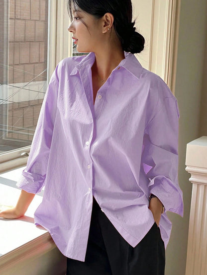 DAZY Women's Casual Plain Wide Shoulder Cotton Shirt, Versatile, Spring/Autumn Office Shirts Long Sleeve Top
