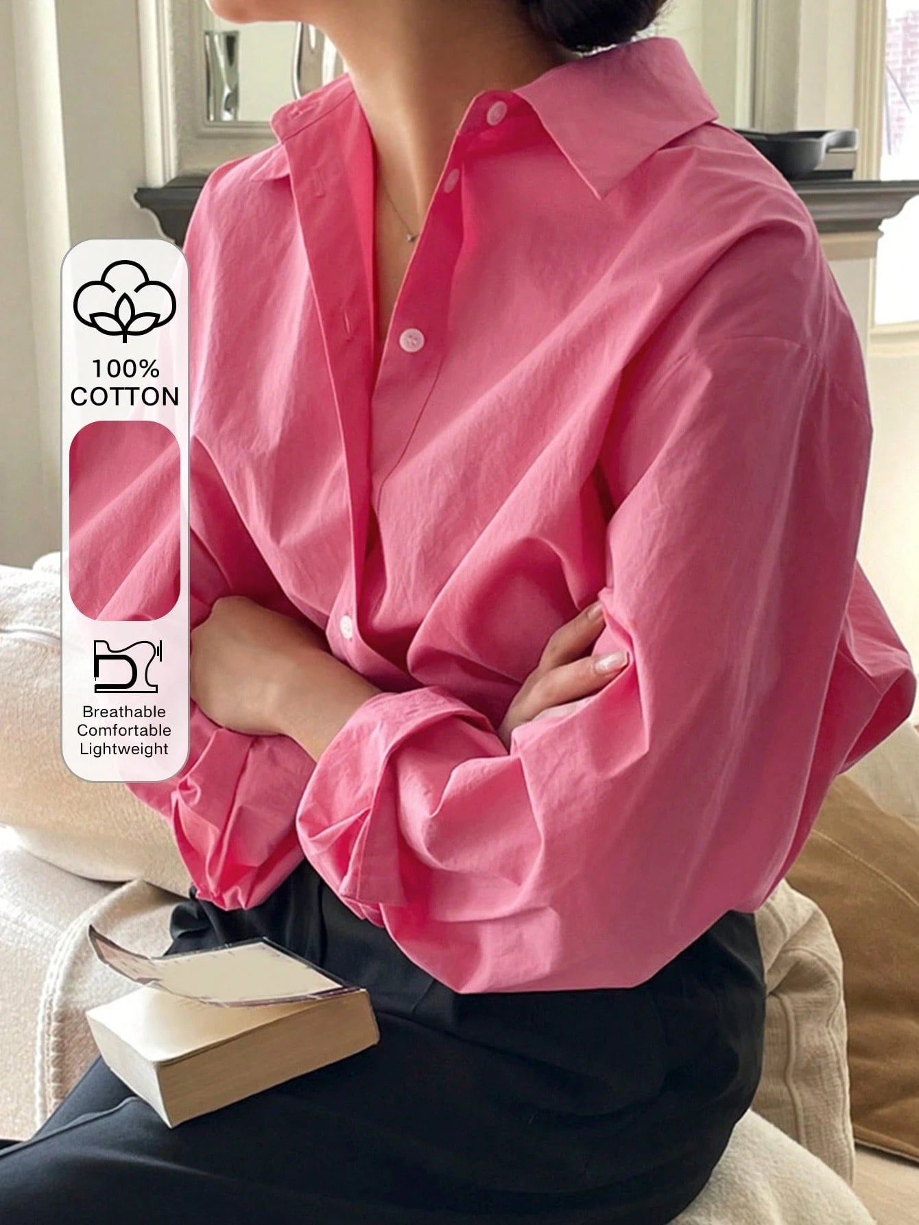 DAZY Women's Casual Plain Wide Shoulder Cotton Shirt, Versatile, Spring/Autumn Office Shirts Long Sleeve Top