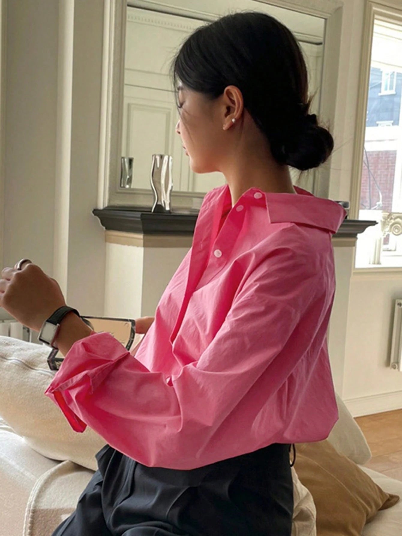 DAZY Women's Casual Plain Wide Shoulder Cotton Shirt, Versatile, Spring/Autumn Office Shirts Long Sleeve Top