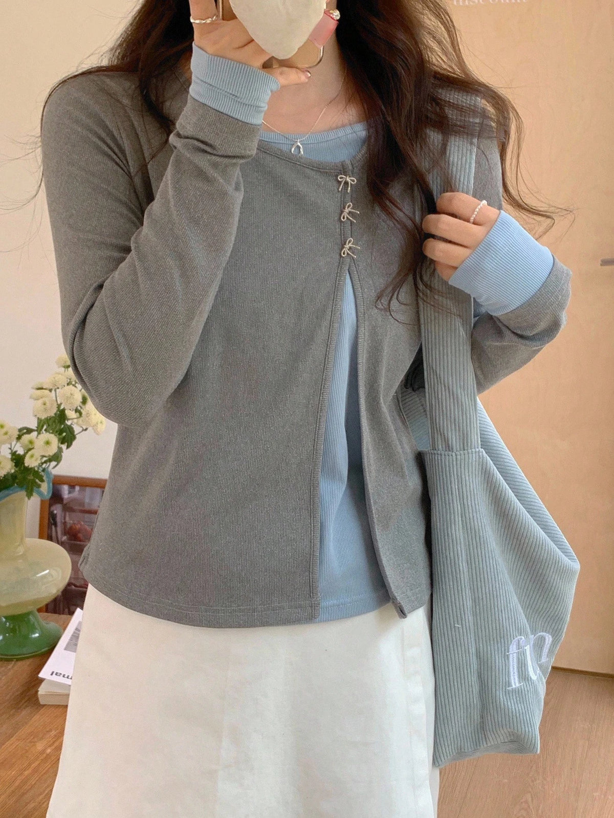 DAZY Women's Contrast Color Long Sleeve 2 In 1 Oblique Collar Round Neck Butterfly T-Shirt,Fall Clothes