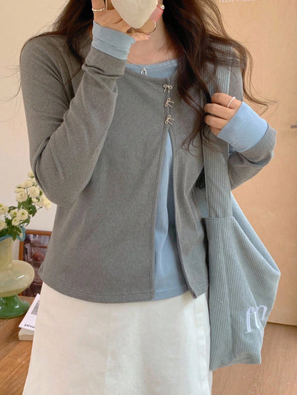DAZY Women's Contrast Color Long Sleeve 2 In 1 Oblique Collar Round Neck Butterfly T-Shirt,Fall Clothes