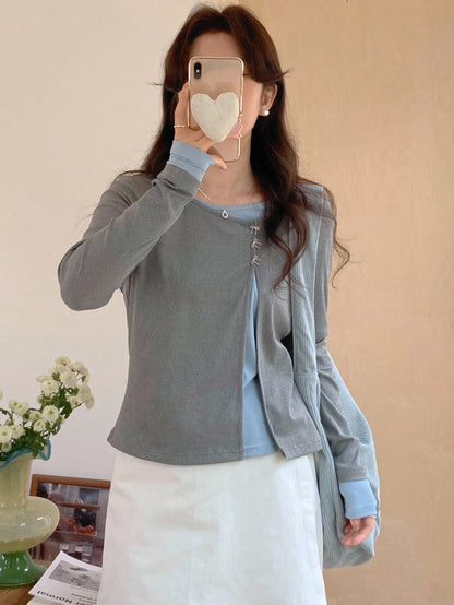 DAZY Women's Contrast Color Long Sleeve 2 In 1 Oblique Collar Round Neck Butterfly T-Shirt,Fall Clothes