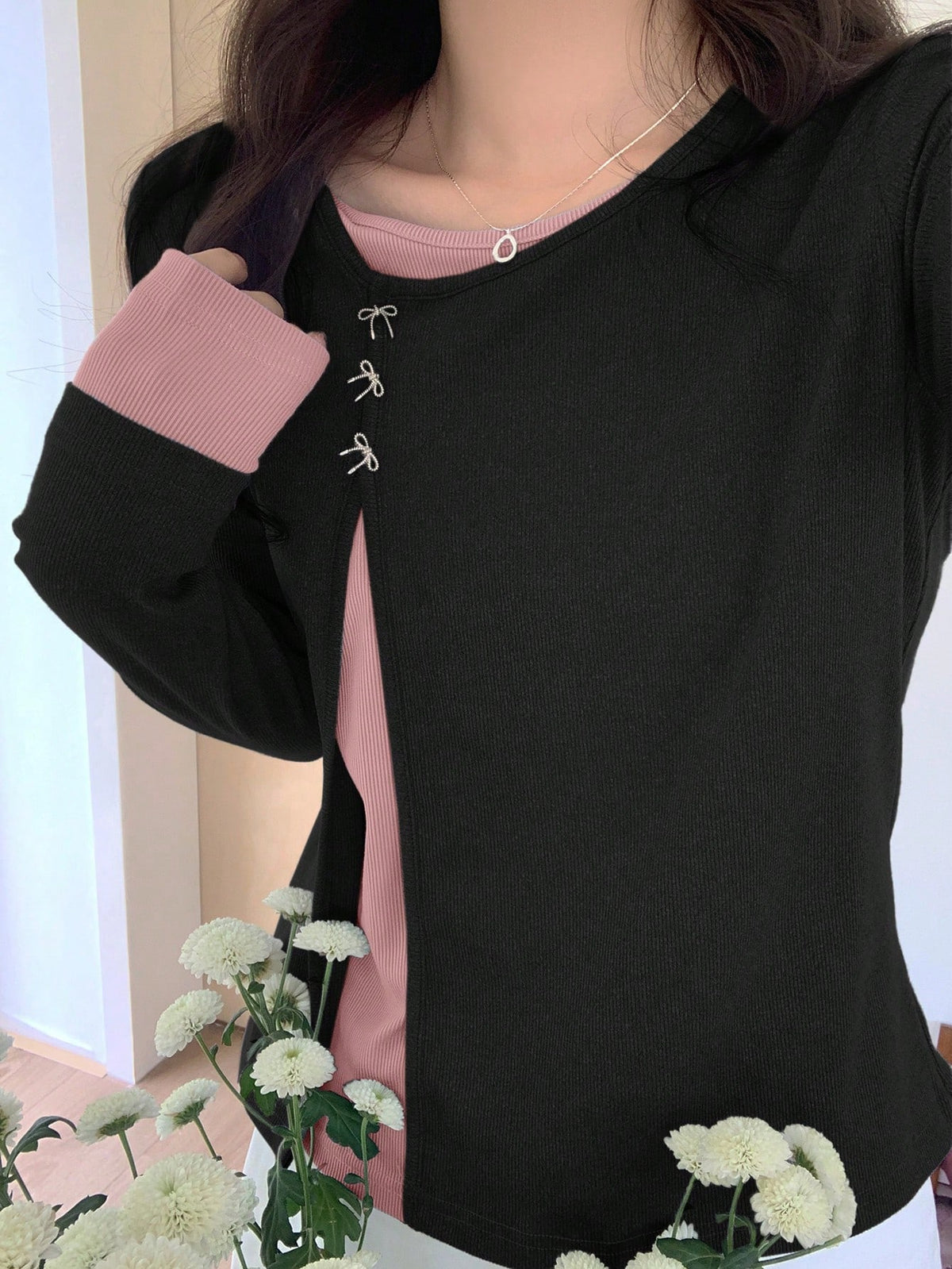 DAZY Women's Contrast Color Long Sleeve 2 In 1 Oblique Collar Round Neck Butterfly T-Shirt,Fall Clothes