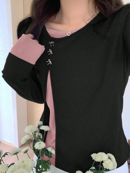 DAZY Women's Contrast Color Long Sleeve 2 In 1 Oblique Collar Round Neck Butterfly T-Shirt,Fall Clothes