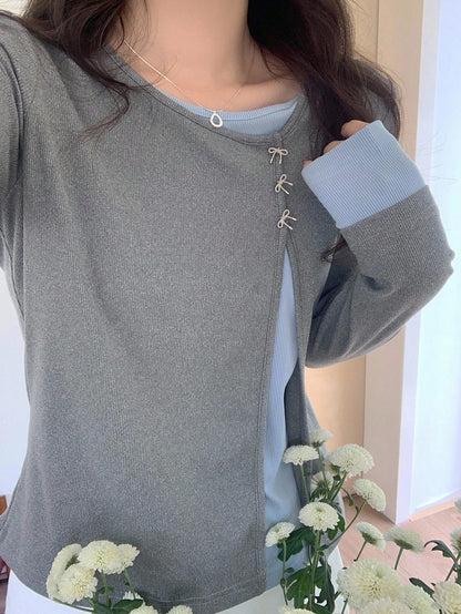 DAZY Women's Contrast Color Long Sleeve 2 In 1 Oblique Collar Round Neck Butterfly T-Shirt,Fall Clothes