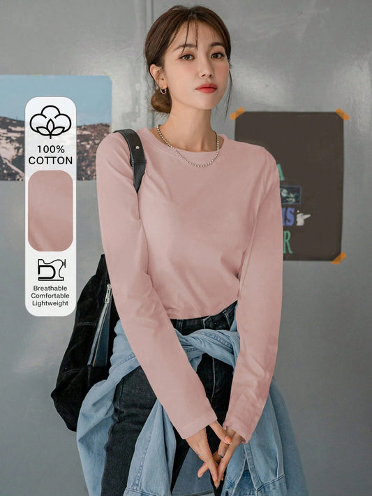 DAZY Women's Fitted Solid Color Round Neck Long Sleeve Base Layer T-Shirt