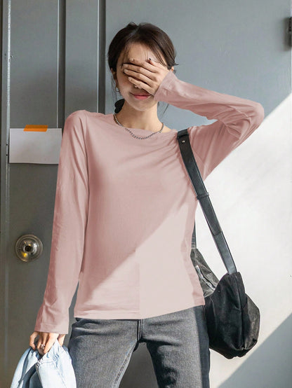 DAZY Women's Fitted Solid Color Round Neck Long Sleeve Base Layer T-Shirt