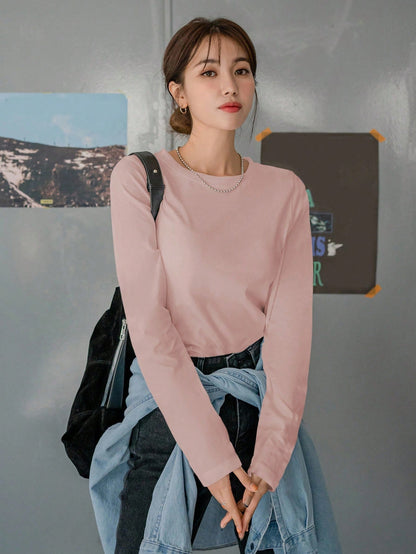 DAZY Women's Fitted Solid Color Round Neck Long Sleeve Base Layer T-Shirt