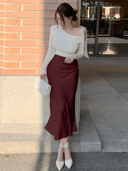 DAZY Women's Fitted Solid-Color Satin Fishtail Long Skirt, Spring/Summer