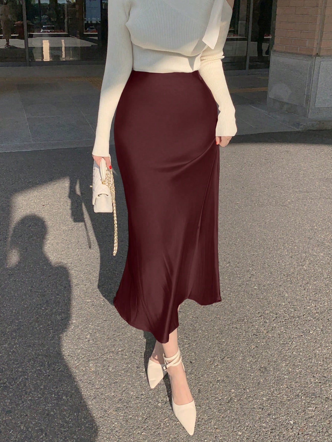 DAZY Women's Fitted Solid-Color Satin Fishtail Long Skirt, Spring/Summer
