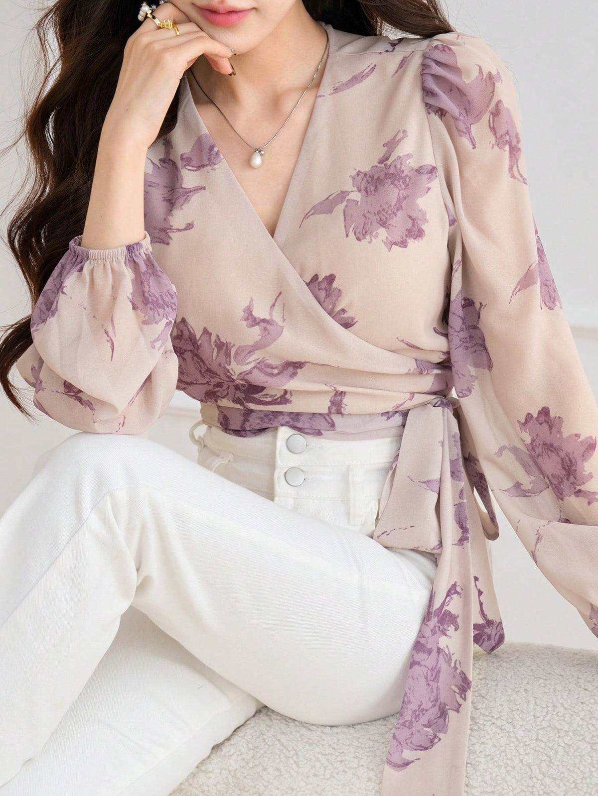 DAZY Women's Floral Wrap-Around Long Sleeve Cropped Blouse Vacation Women Boho