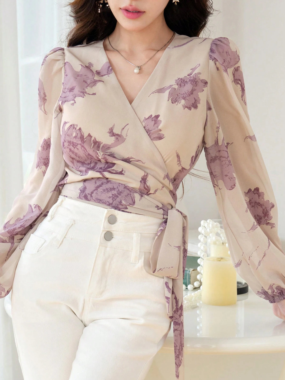 DAZY Women's Floral Wrap-Around Long Sleeve Cropped Blouse Vacation Women Boho
