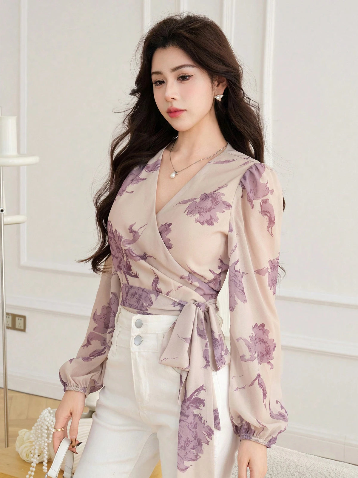DAZY Women's Floral Wrap-Around Long Sleeve Cropped Blouse Vacation Women Boho