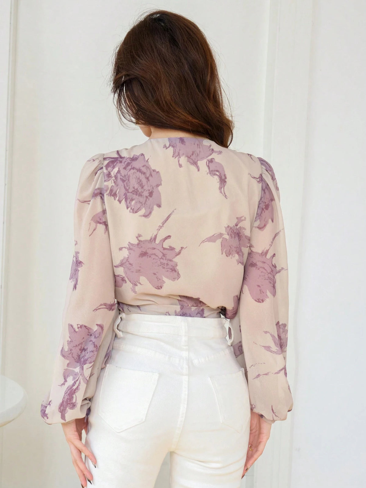 DAZY Women's Floral Wrap-Around Long Sleeve Cropped Blouse Vacation Women Boho