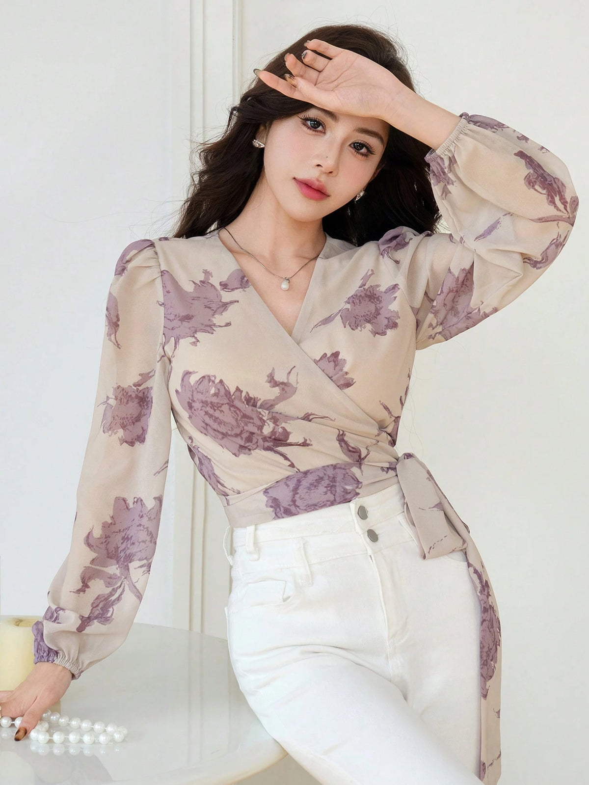 DAZY Women's Floral Wrap-Around Long Sleeve Cropped Blouse Vacation Women Boho