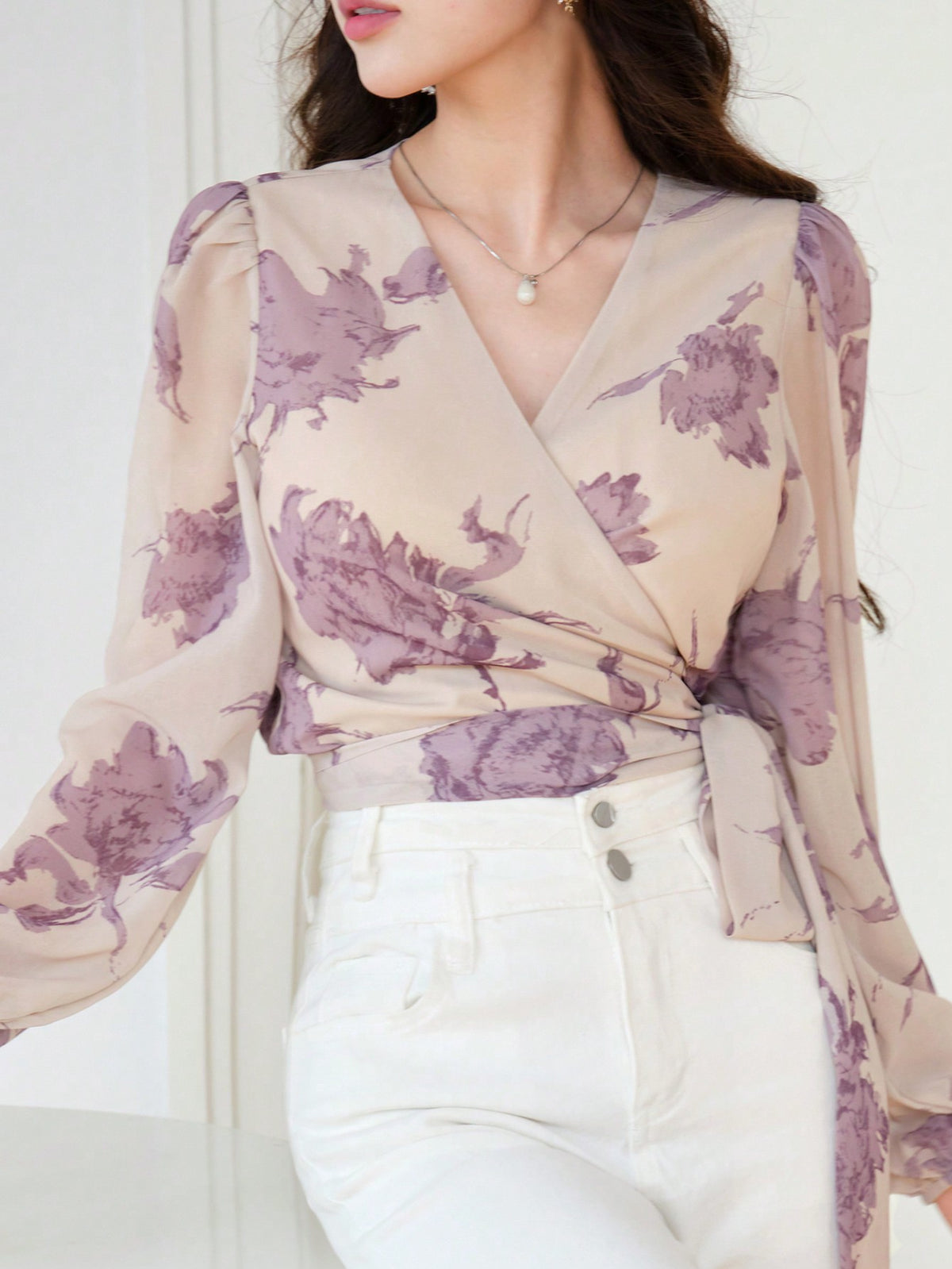 DAZY Women's Floral Wrap-Around Long Sleeve Cropped Blouse Vacation Women Boho